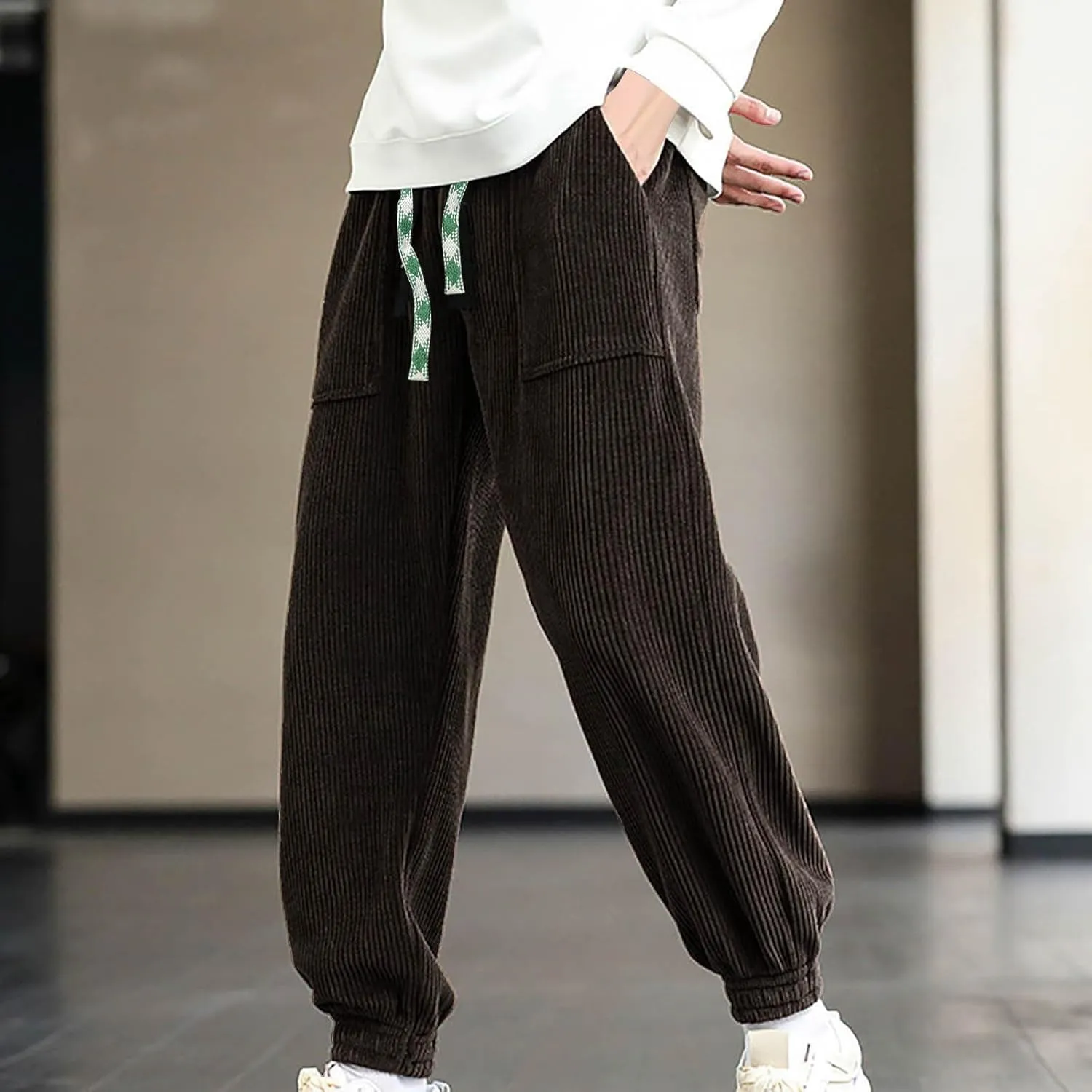 Mens Korean Corduroy Pants Casual Loose Fit Fashion Hip Hop Streetwear Chino Cargo Sweatpant Skater Pants with Pocket