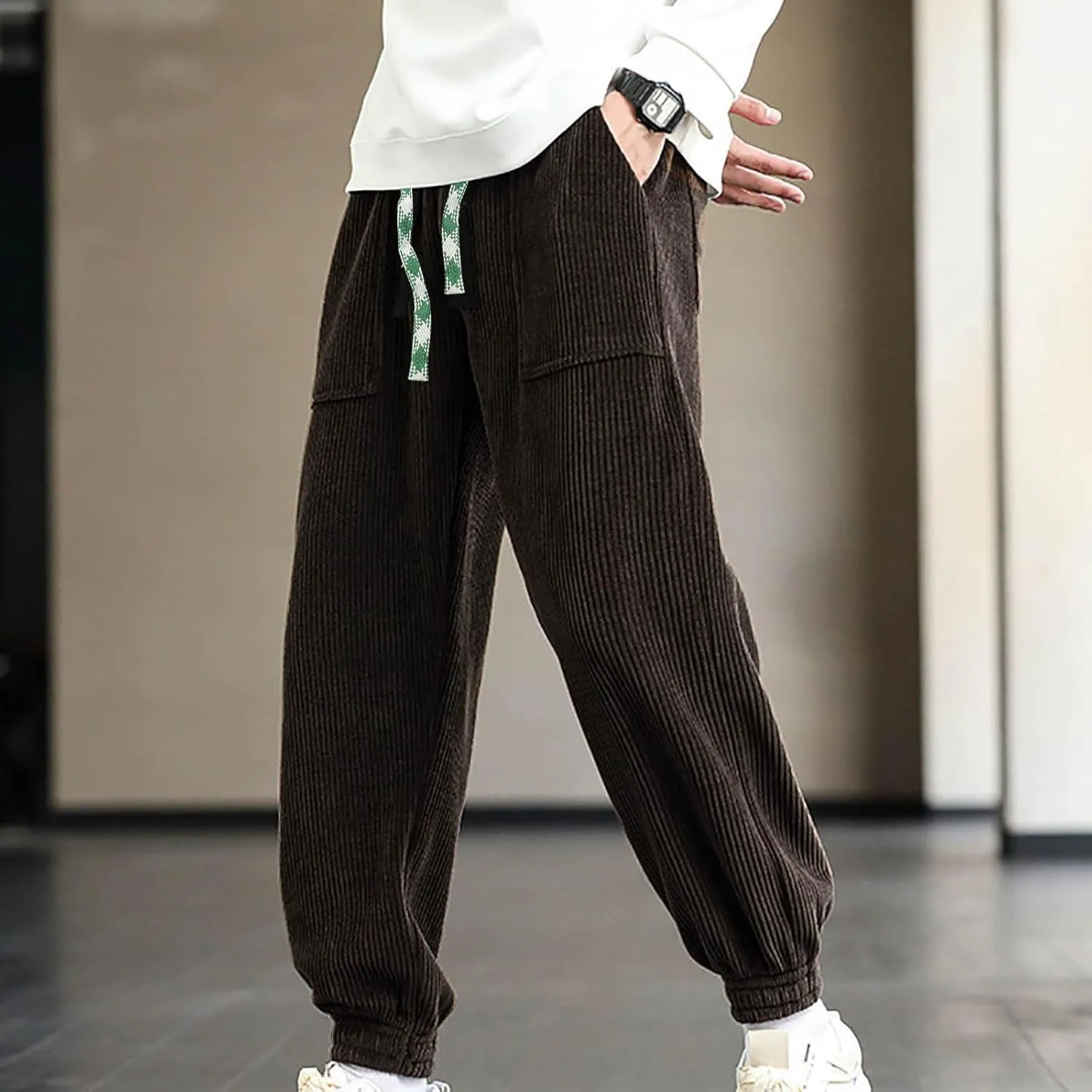Mens Korean Corduroy Pants Casual Loose Fit Fashion Hip Hop Streetwear Chino Cargo Sweatpant Skater Pants with Pocket