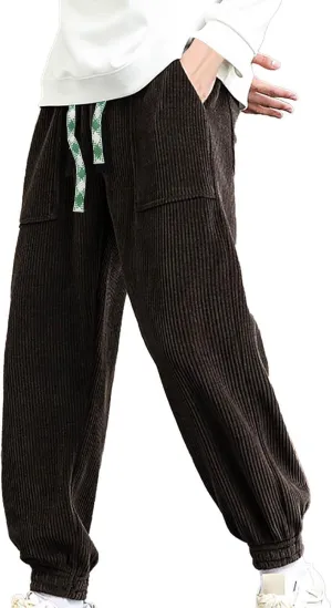 Mens Korean Corduroy Pants Casual Loose Fit Fashion Hip Hop Streetwear Chino Cargo Sweatpant Skater Pants with Pocket