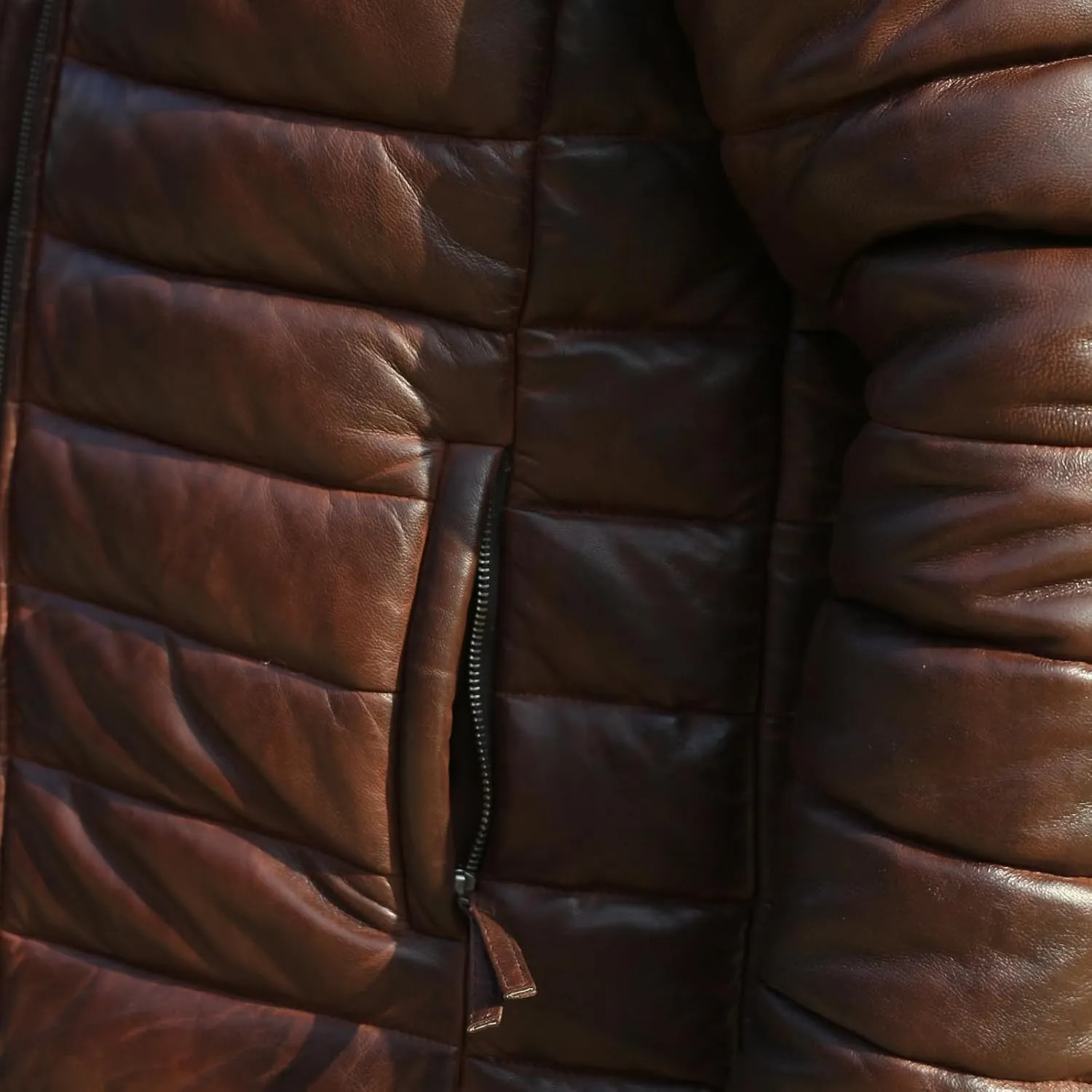 Mens Lambskin Leather Puffer Jacket for Men Real Down Quilted Puffer Coat Lightweight Zip-Up Puffer Jacket