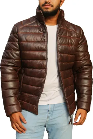 Mens Lambskin Leather Puffer Jacket for Men Real Down Quilted Puffer Coat Lightweight Zip-Up Puffer Jacket