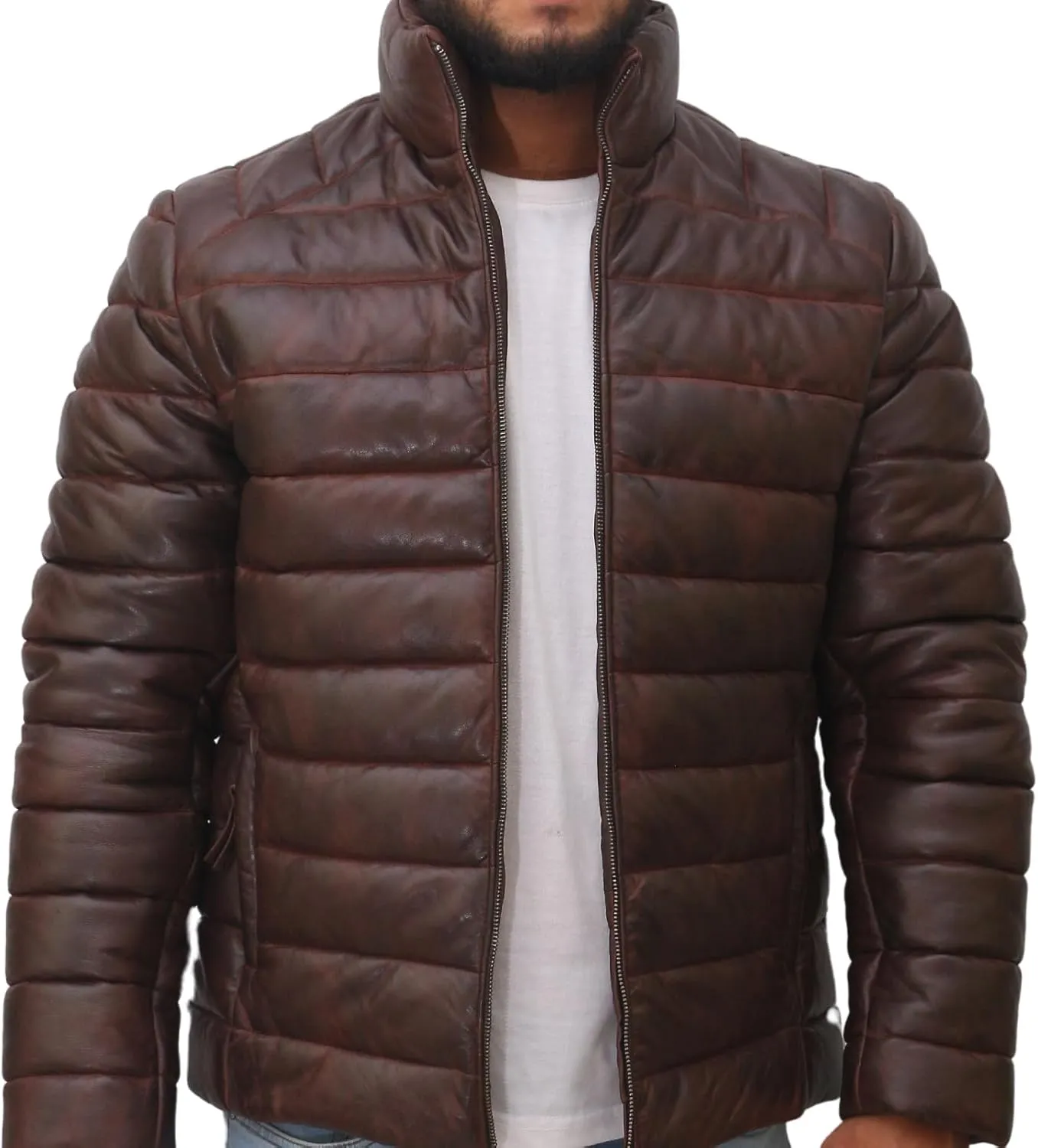 Mens Lambskin Leather Puffer Jacket for Men Real Down Quilted Puffer Coat Lightweight Zip-Up Puffer Jacket
