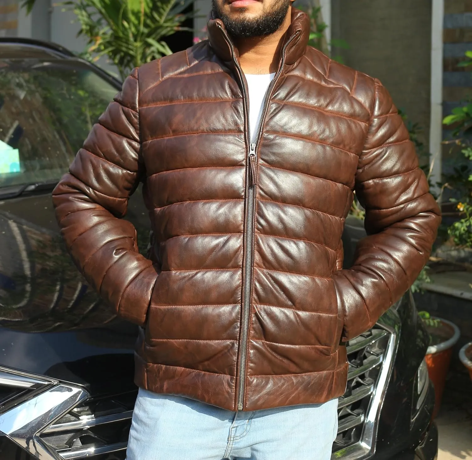 Mens Lambskin Leather Puffer Jacket for Men Real Down Quilted Puffer Coat Lightweight Zip-Up Puffer Jacket