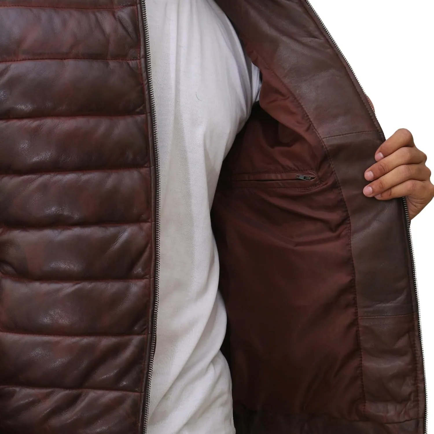 Mens Lambskin Leather Puffer Jacket for Men Real Down Quilted Puffer Coat Lightweight Zip-Up Puffer Jacket