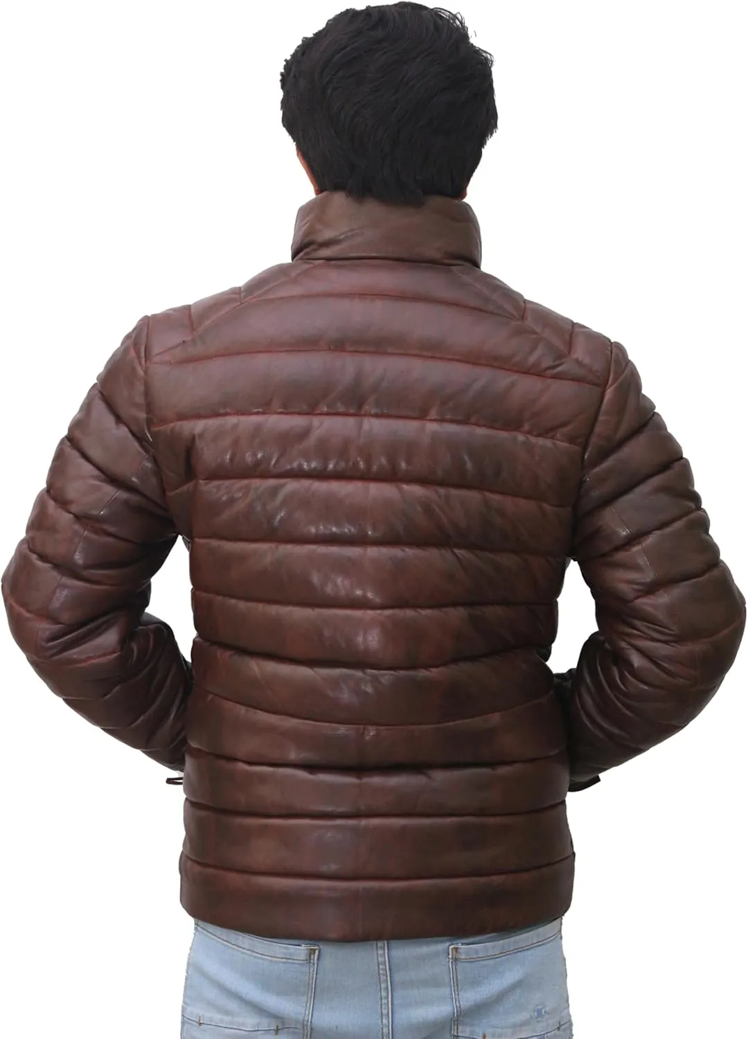 Mens Lambskin Leather Puffer Jacket for Men Real Down Quilted Puffer Coat Lightweight Zip-Up Puffer Jacket