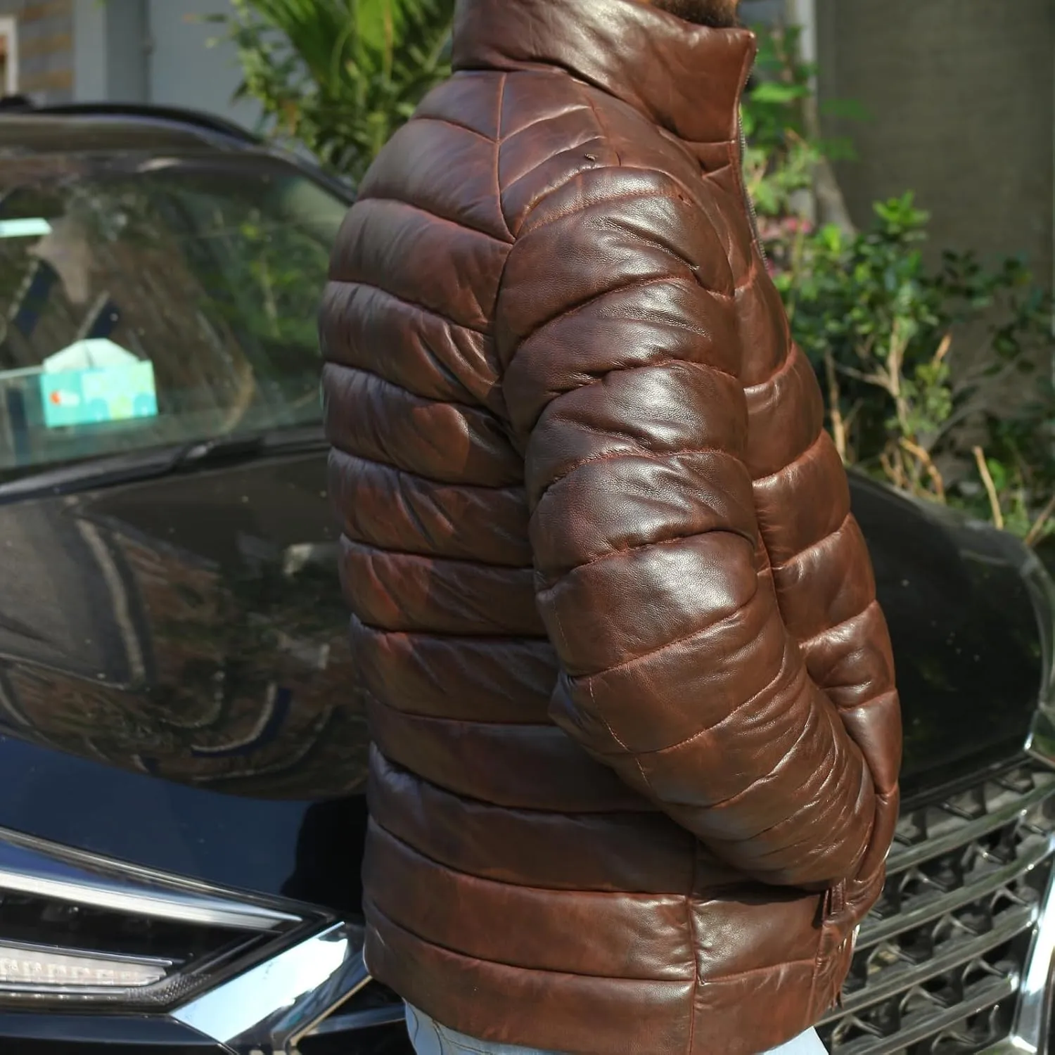 Mens Lambskin Leather Puffer Jacket for Men Real Down Quilted Puffer Coat Lightweight Zip-Up Puffer Jacket