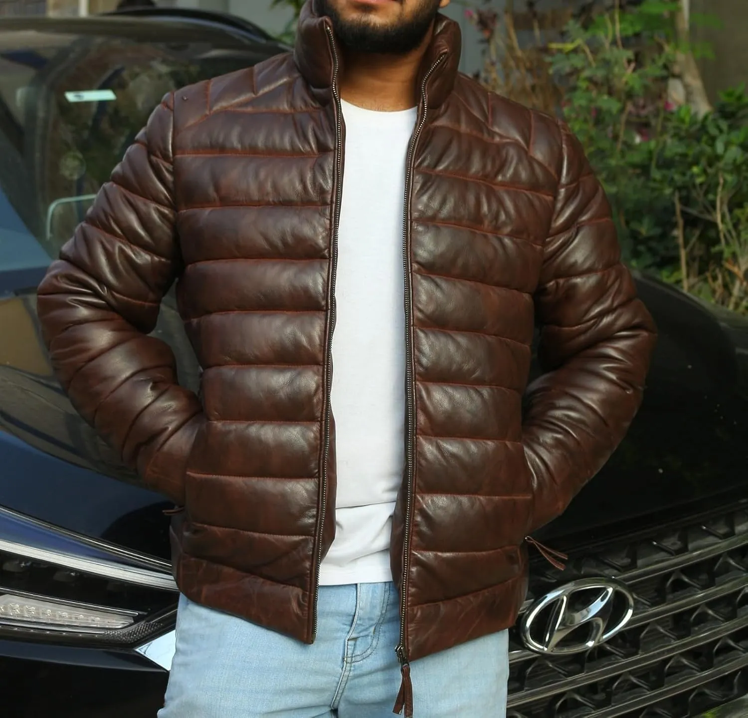 Mens Lambskin Leather Puffer Jacket for Men Real Down Quilted Puffer Coat Lightweight Zip-Up Puffer Jacket
