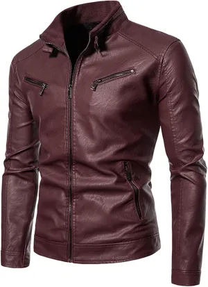 Mens Leather Jacket Slim Fit Motorcycle Jacket Lightweight Faux Leather Outwear Stand Collar Biker Coat