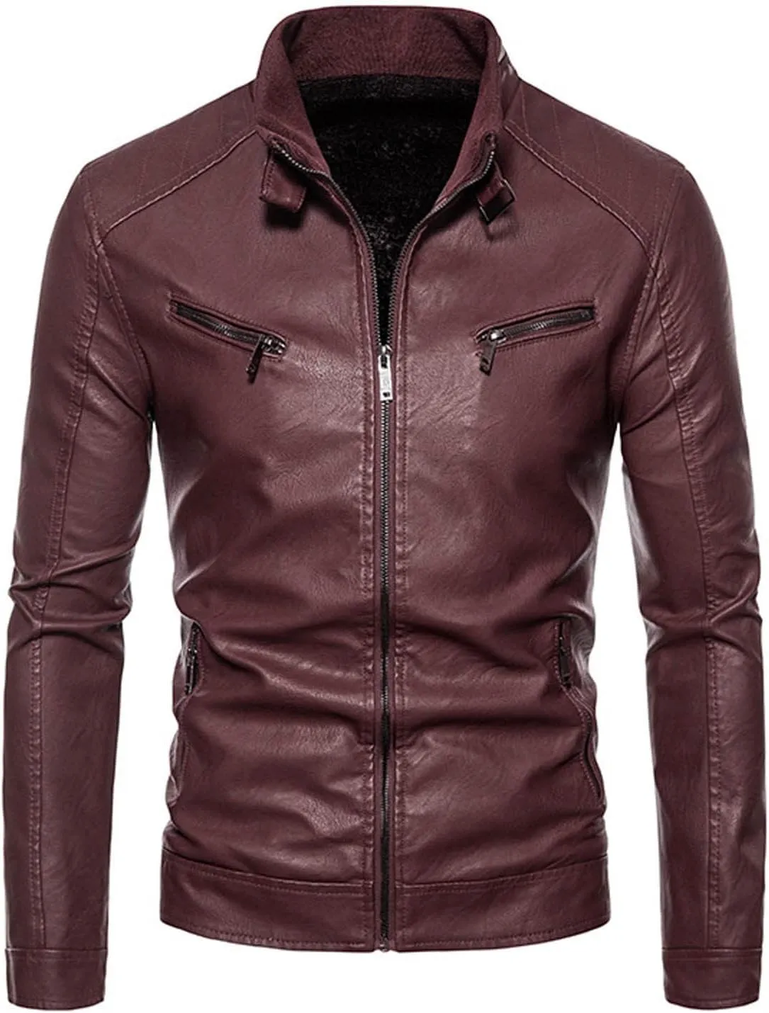 Mens Leather Jacket Slim Fit Motorcycle Jacket Lightweight Faux Leather Outwear Stand Collar Biker Coat