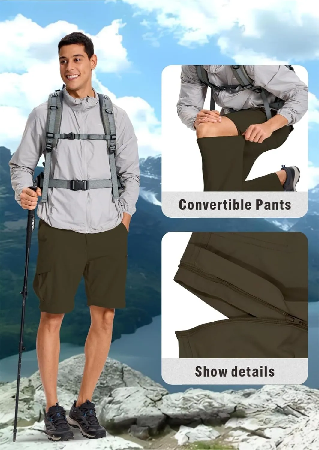 Mens Outdoor Hiking Pants Convertible Lightweight Water Resistant Quick Dry Zip Off Fishing Travel Camping Tactical Pants