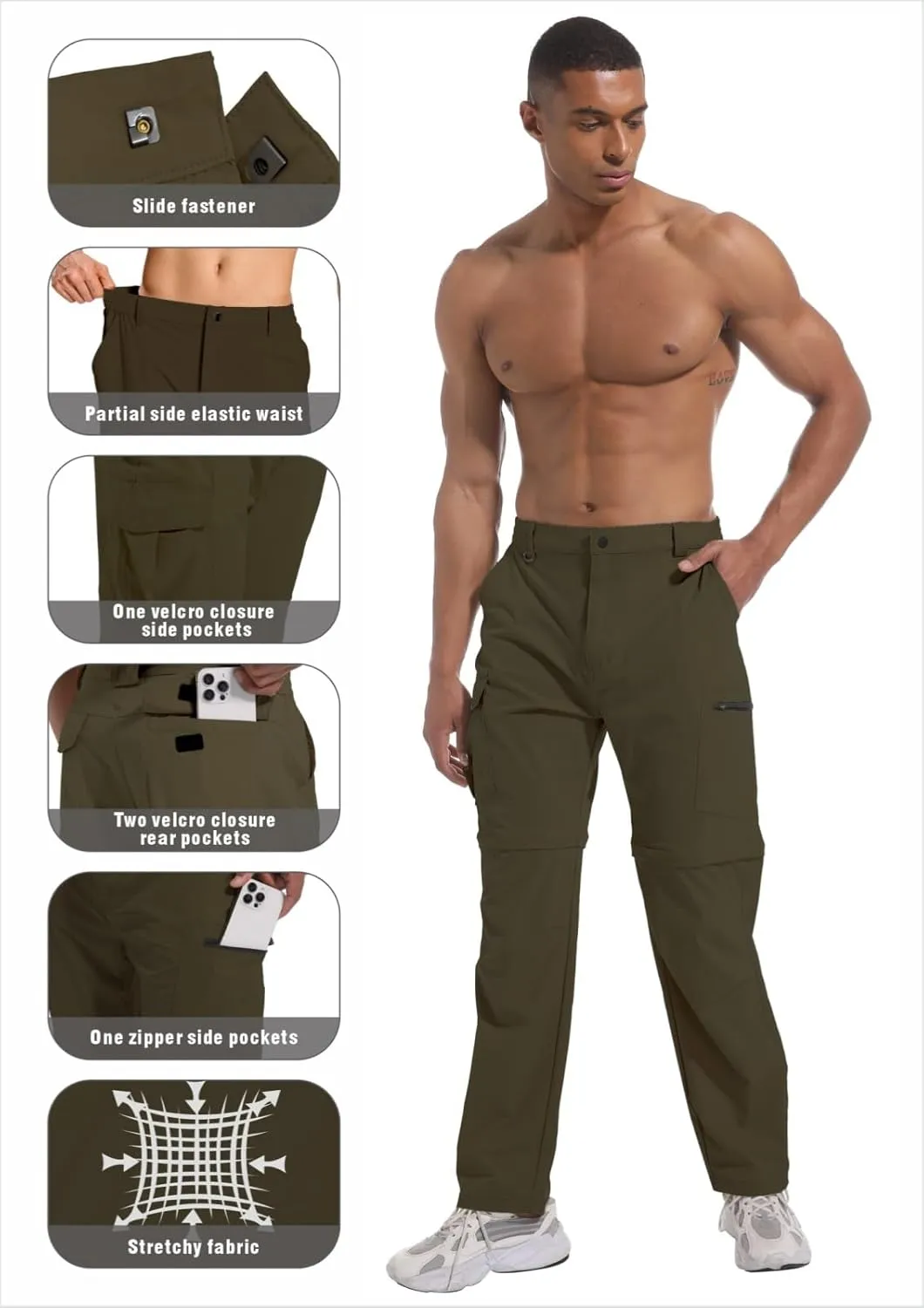 Mens Outdoor Hiking Pants Convertible Lightweight Water Resistant Quick Dry Zip Off Fishing Travel Camping Tactical Pants