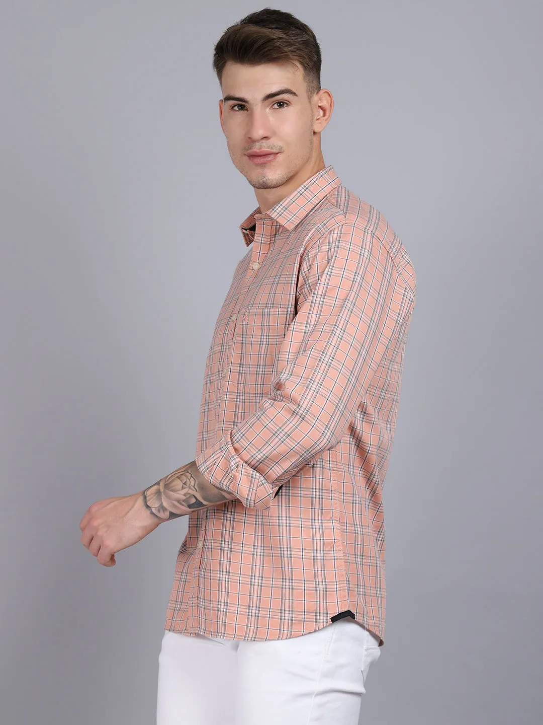 Men's Peach Casual Medium Checks Full Sleeve Shirt