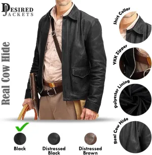 Men's Raiders of The Lost Harrison Jones Vintage Brown Bomber Leather Jacket Genuine Cowhide Distressed Leather Jacket