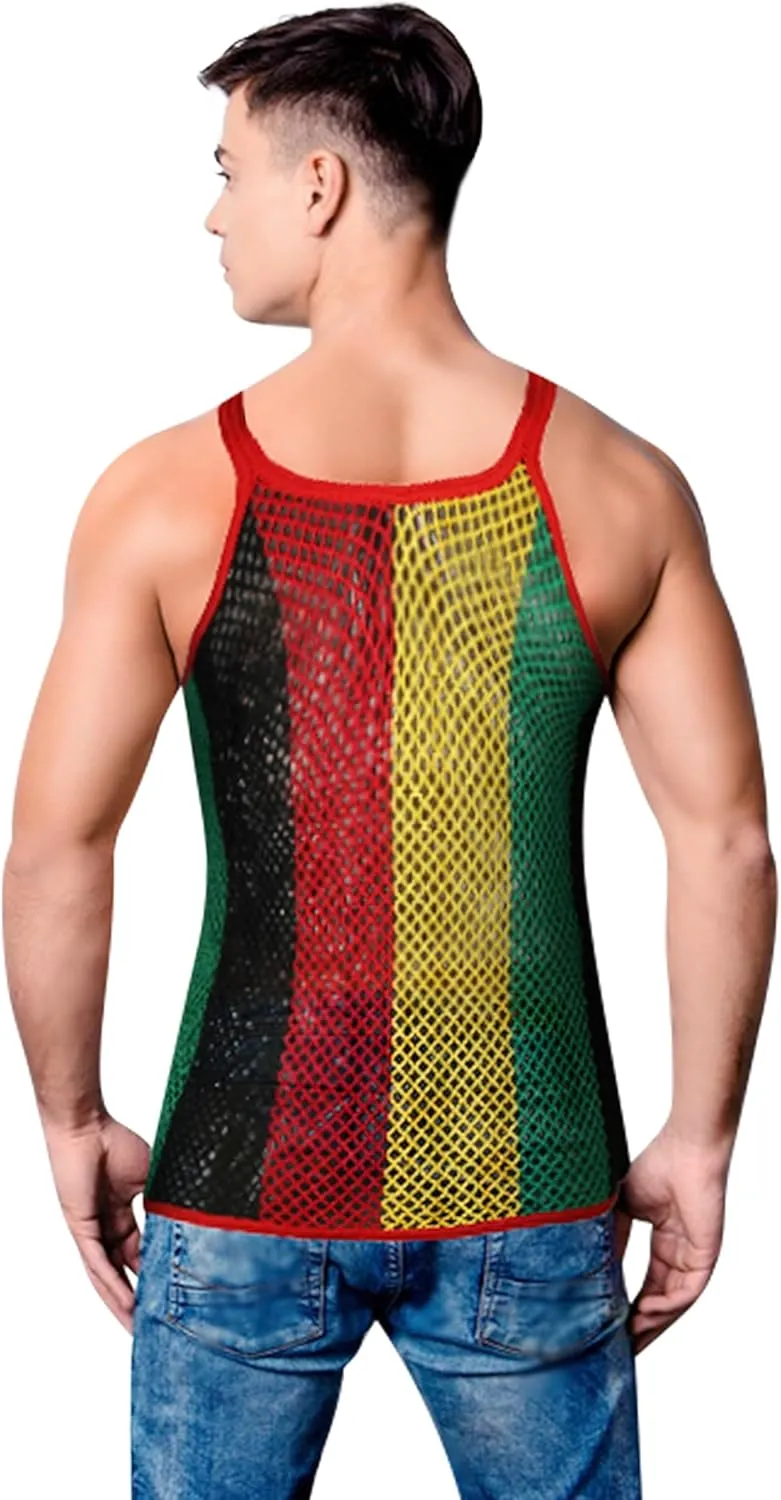 Men's Rasta String Mesh Vest Fishnet Fitted 100% Cotton Sleeveless Muscle Tank Top