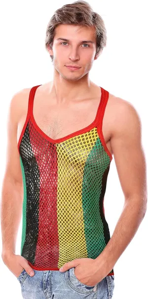 Men's Rasta String Mesh Vest Fishnet Fitted 100% Cotton Sleeveless Muscle Tank Top