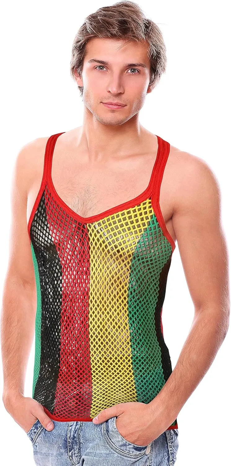 Men's Rasta String Mesh Vest Fishnet Fitted 100% Cotton Sleeveless Muscle Tank Top