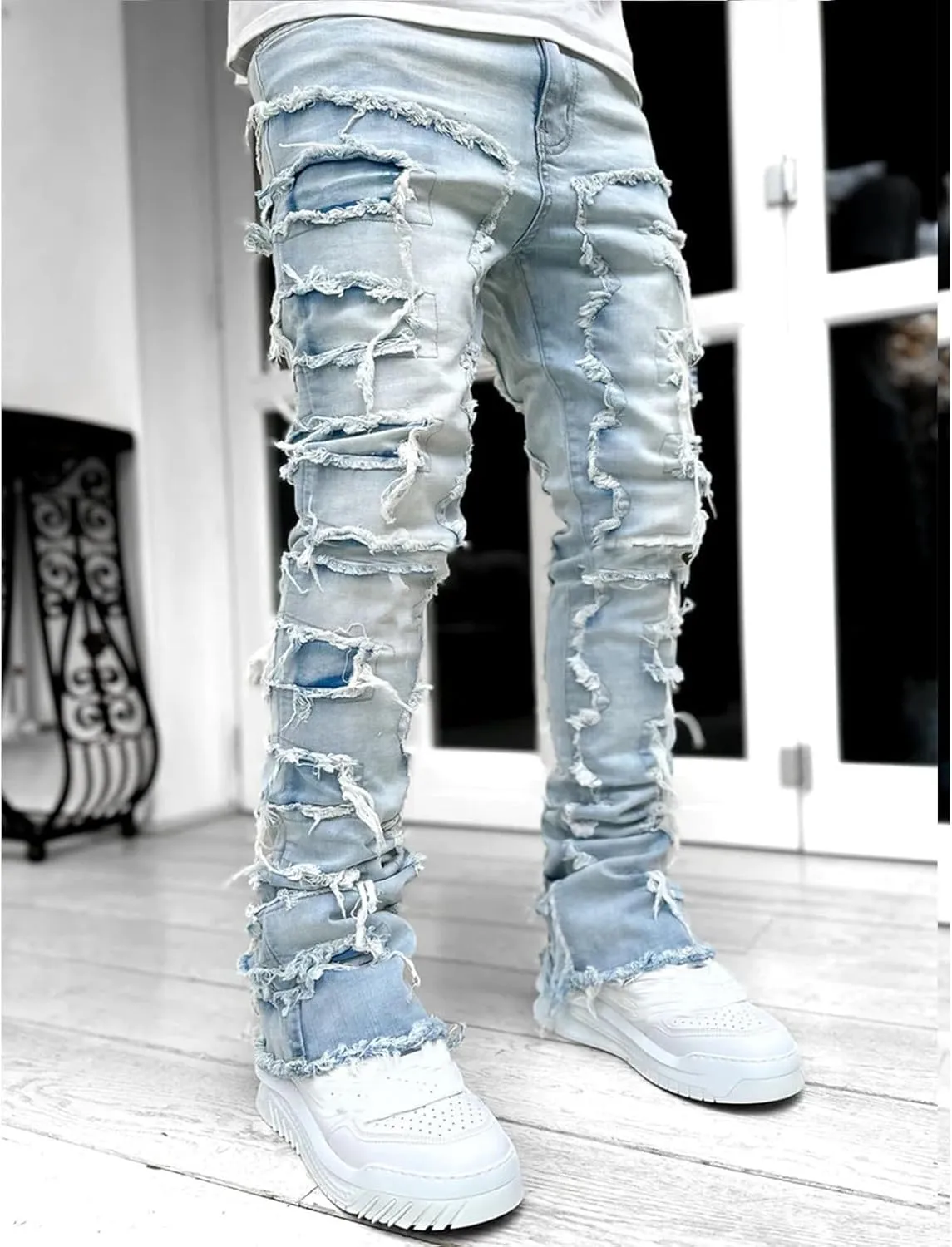 Mens Stacked Jeans Stretch Slim Fit Casual Ripped Destroyed Straight Denim Pants Harajuku Hip Hop Vintage Trousers