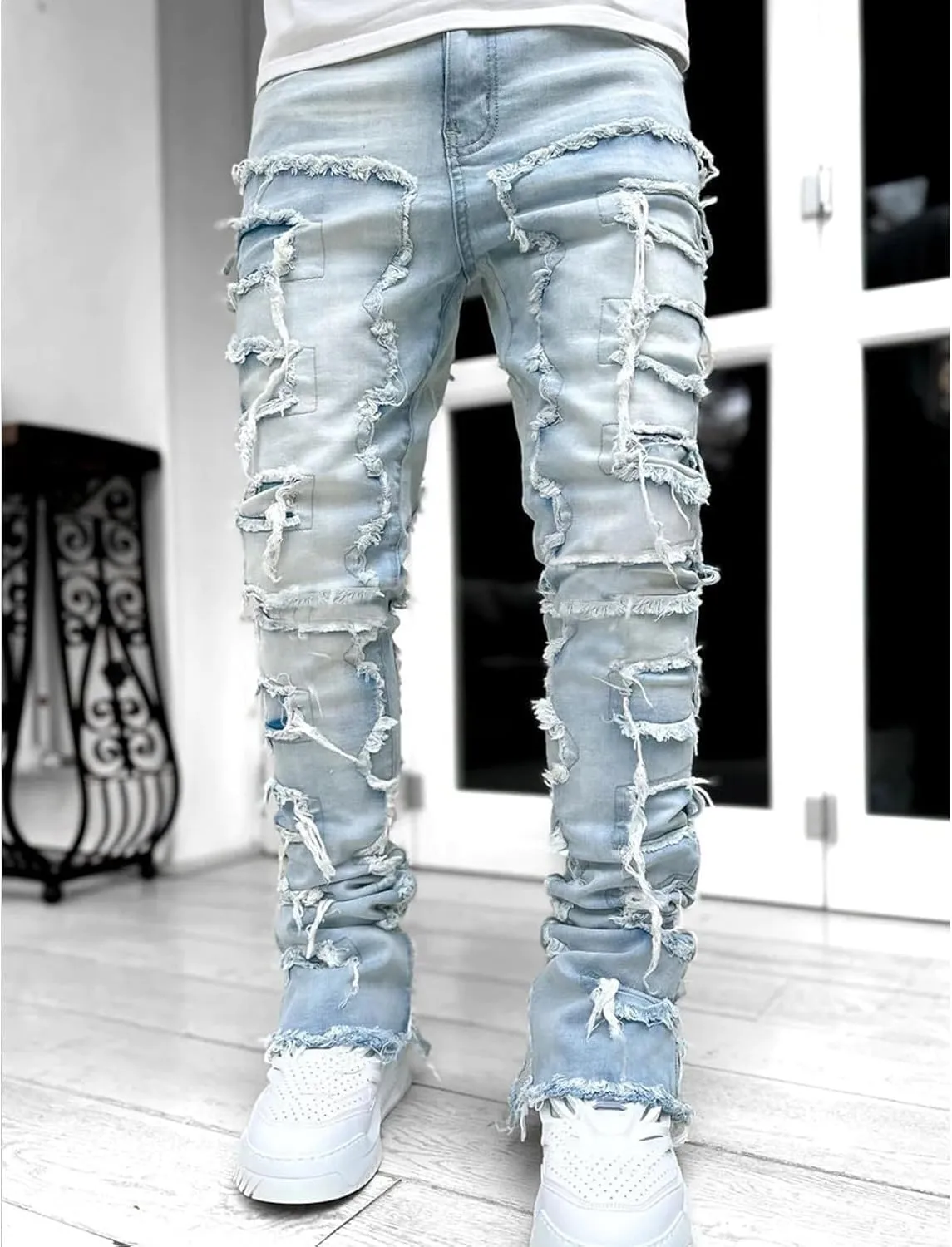 Mens Stacked Jeans Stretch Slim Fit Casual Ripped Destroyed Straight Denim Pants Harajuku Hip Hop Vintage Trousers