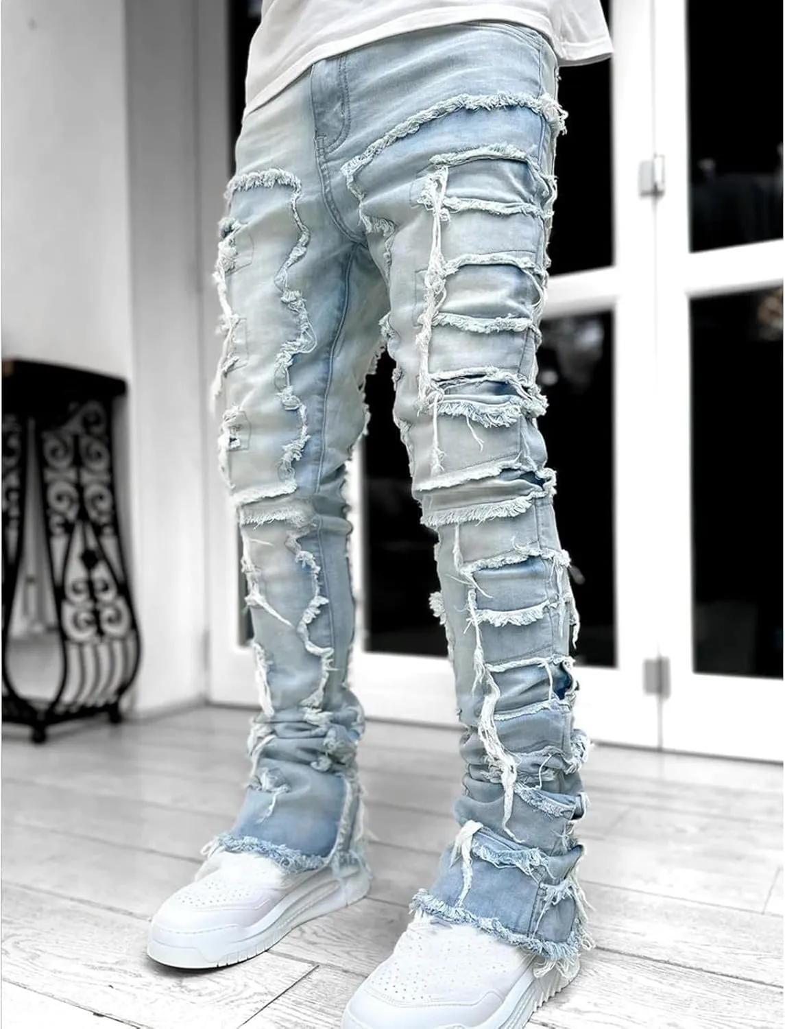 Mens Stacked Jeans Stretch Slim Fit Casual Ripped Destroyed Straight Denim Pants Harajuku Hip Hop Vintage Trousers