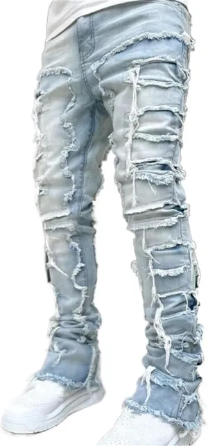 Mens Stacked Jeans Stretch Slim Fit Casual Ripped Destroyed Straight Denim Pants Harajuku Hip Hop Vintage Trousers