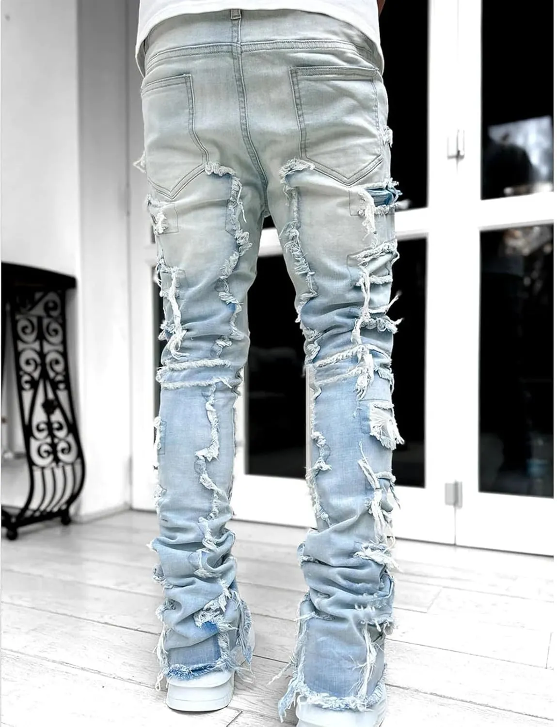 Mens Stacked Jeans Stretch Slim Fit Casual Ripped Destroyed Straight Denim Pants Harajuku Hip Hop Vintage Trousers