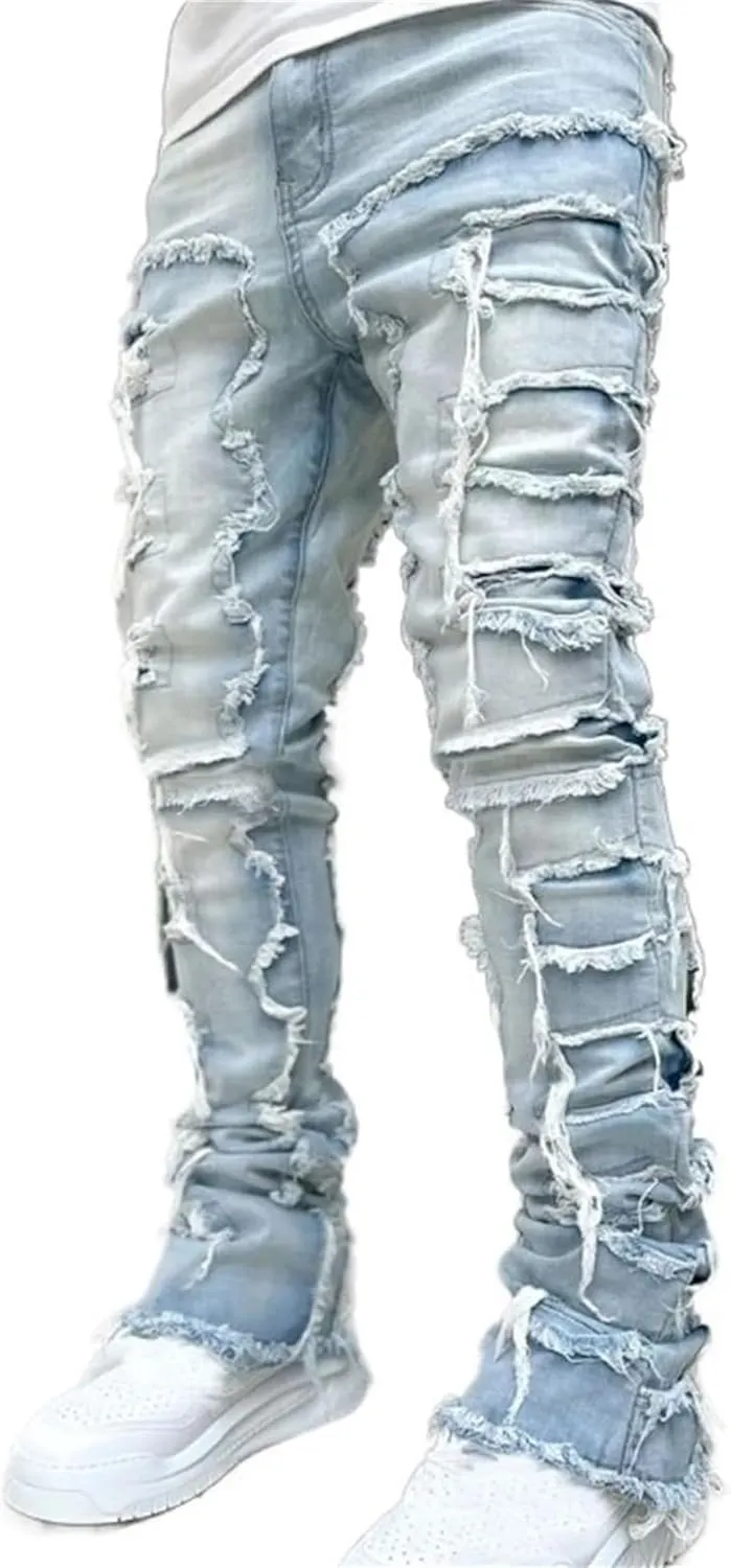 Mens Stacked Jeans Stretch Slim Fit Casual Ripped Destroyed Straight Denim Pants Harajuku Hip Hop Vintage Trousers