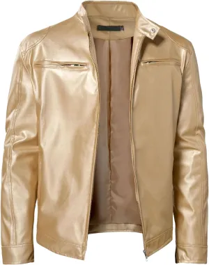 Mens Stand Collar Leather Jacket Casual Biker Motorcycle PU Jackets Slim Fit Motorcyle Lightweight Coat