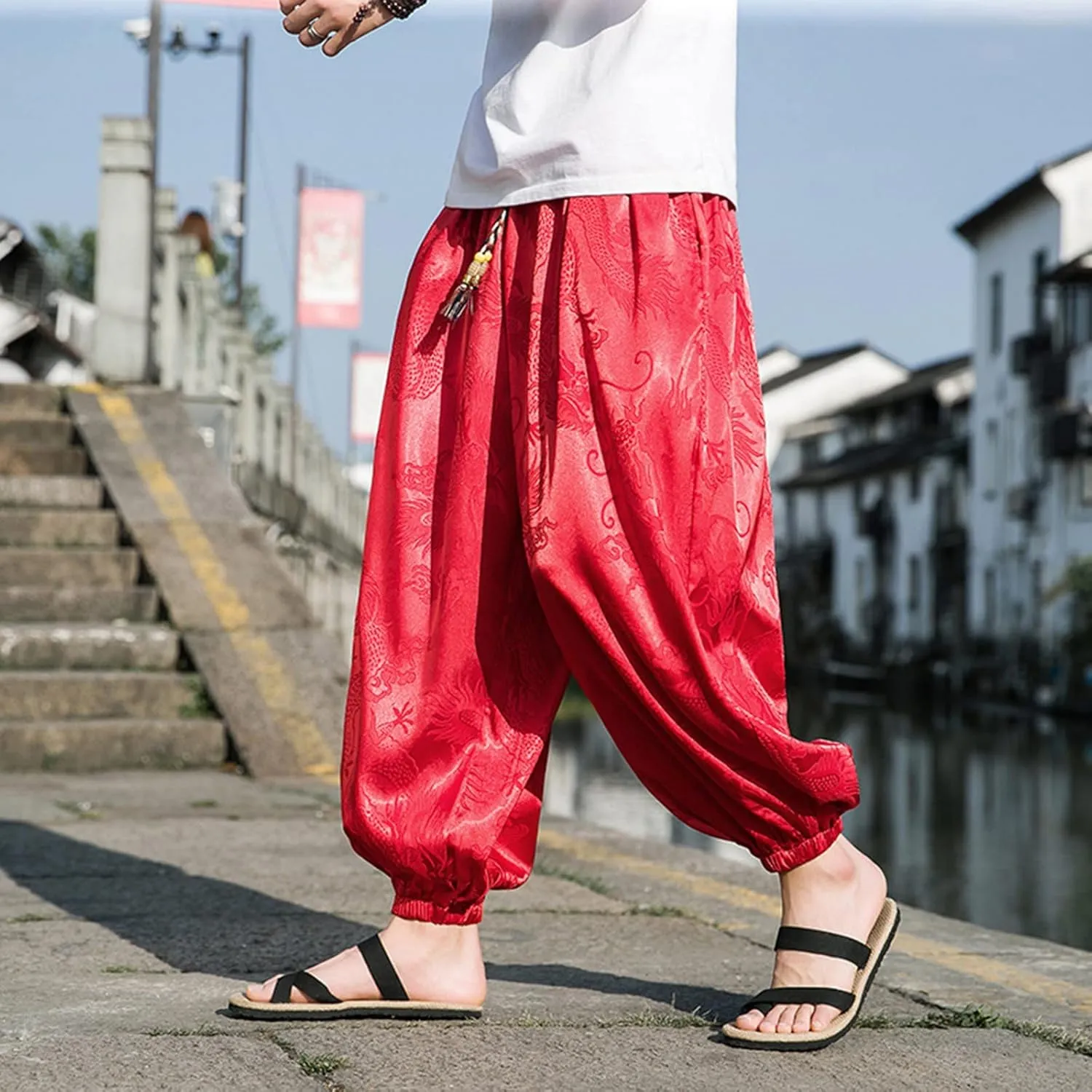 Mens Summer Ice Silk Dragon Printed Harem Pants Big and Tall Wide Leg Loose Breathable Beach Pant Retro Yoga Hip Hop Bloomer