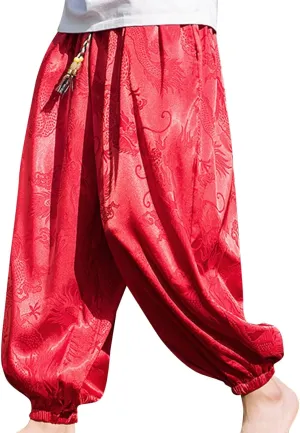 Mens Summer Ice Silk Dragon Printed Harem Pants Big and Tall Wide Leg Loose Breathable Beach Pant Retro Yoga Hip Hop Bloomer