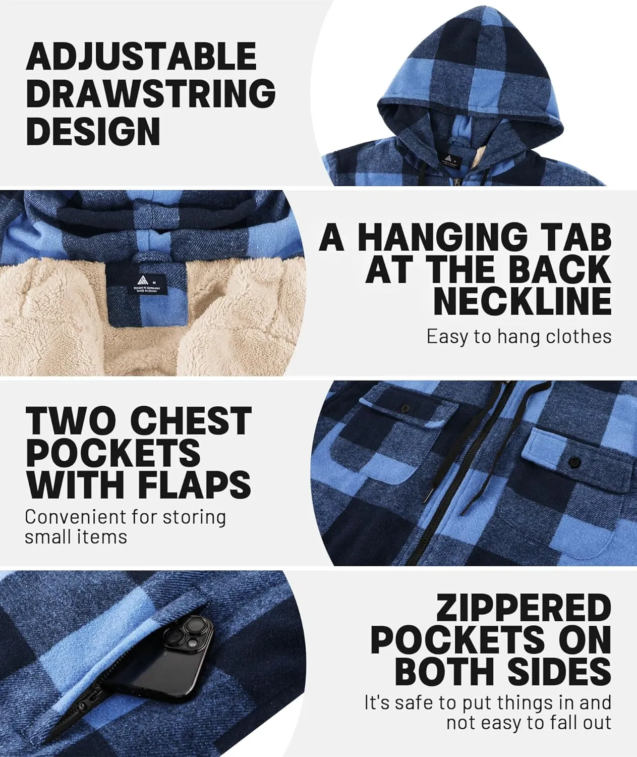 Men's Thick Fleece Plaid Jacket Flannel Shirts Sherpa Lined Full Zip Up Hoodie Winter Coat with Pockets