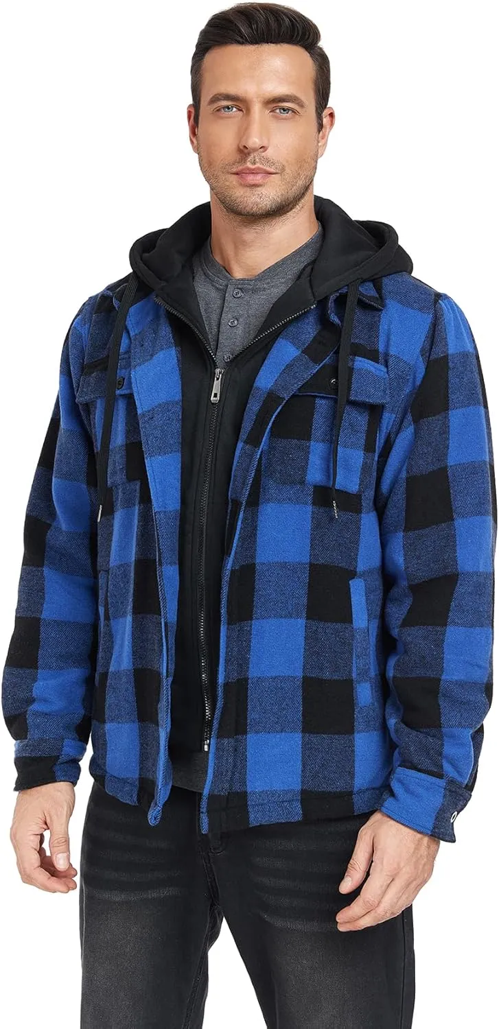 Men's Thick Fleece Plaid Jacket Flannel Shirts Sherpa Lined Full Zip Up Hoodie Winter Coat with Pockets