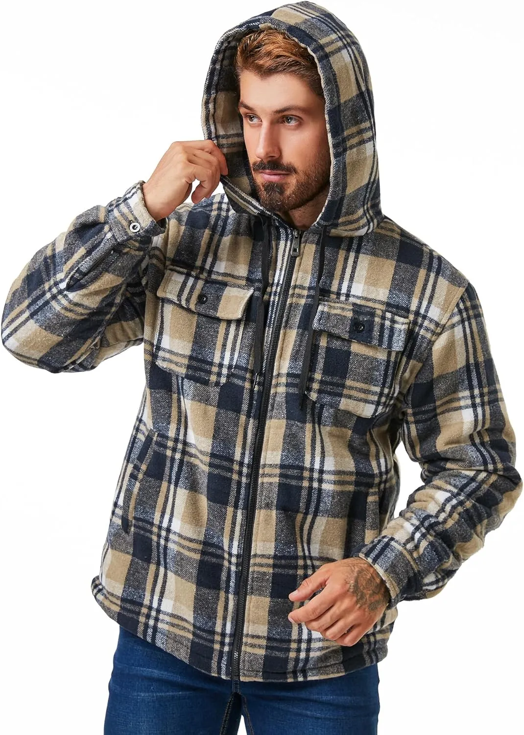 Men's Thick Fleece Plaid Jacket Flannel Shirts Sherpa Lined Full Zip Up Hoodie Winter Coat with Pockets