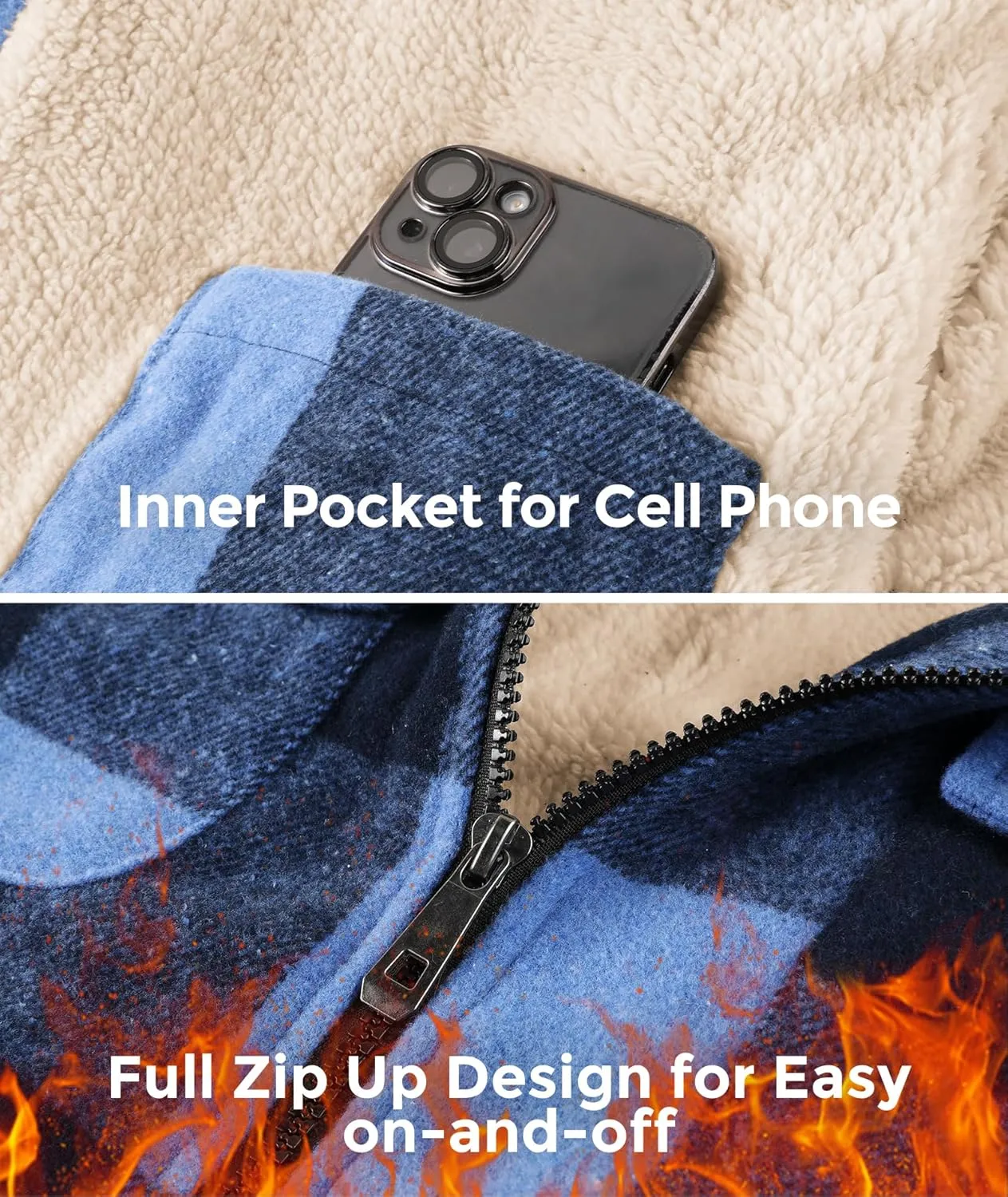 Men's Thick Fleece Plaid Jacket Flannel Shirts Sherpa Lined Full Zip Up Hoodie Winter Coat with Pockets