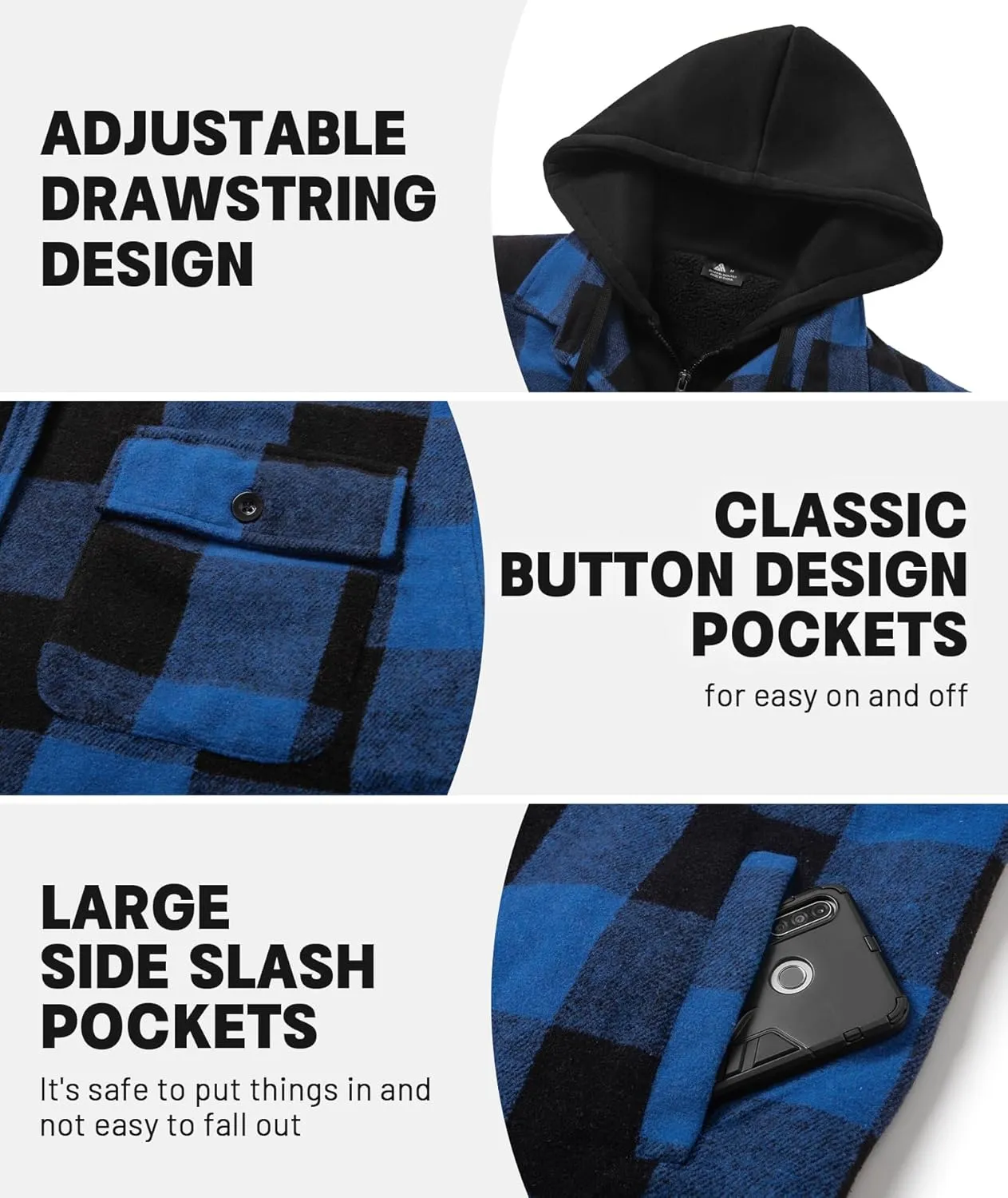 Men's Thick Fleece Plaid Jacket Flannel Shirts Sherpa Lined Full Zip Up Hoodie Winter Coat with Pockets