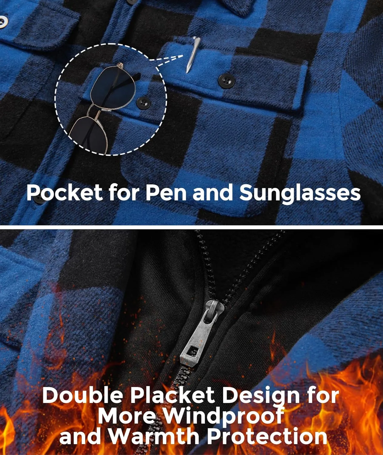 Men's Thick Fleece Plaid Jacket Flannel Shirts Sherpa Lined Full Zip Up Hoodie Winter Coat with Pockets