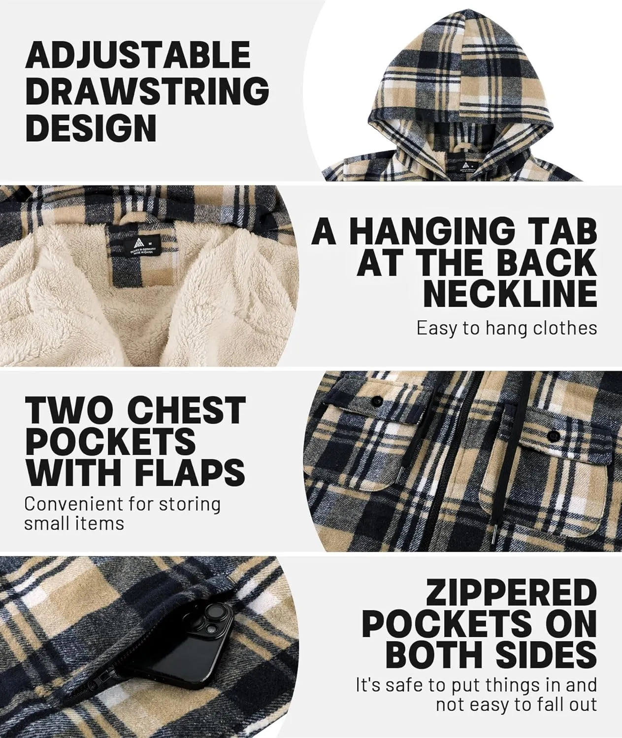 Men's Thick Fleece Plaid Jacket Flannel Shirts Sherpa Lined Full Zip Up Hoodie Winter Coat with Pockets
