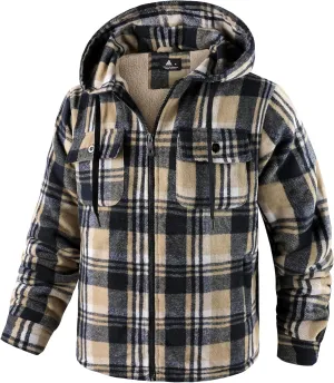Men's Thick Fleece Plaid Jacket Flannel Shirts Sherpa Lined Full Zip Up Hoodie Winter Coat with Pockets