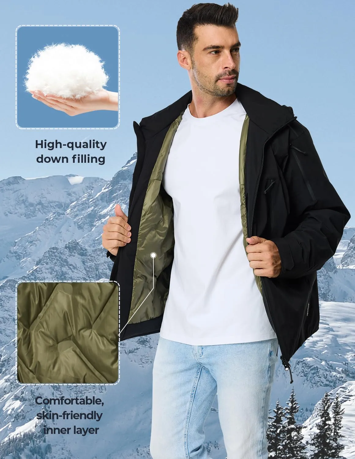 Men's Winter Ski Coat Heavy Down Water Resistant Jacket Insulated Snowboard Parka with Hood
