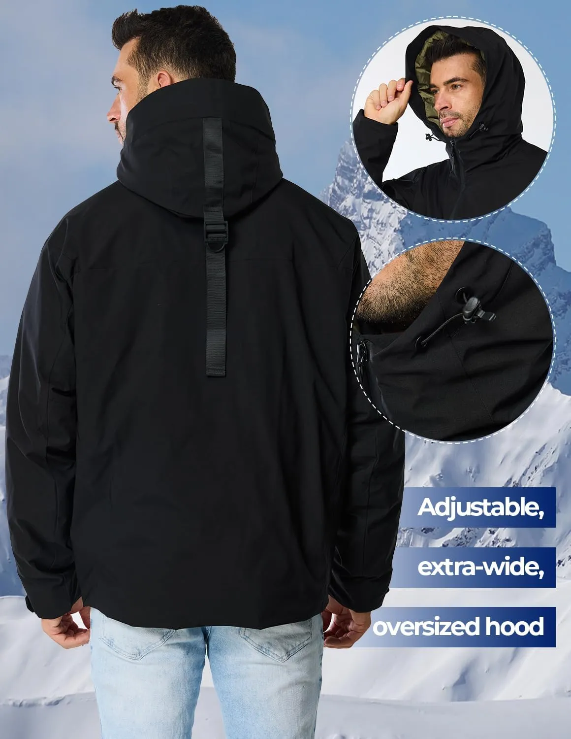 Men's Winter Ski Coat Heavy Down Water Resistant Jacket Insulated Snowboard Parka with Hood