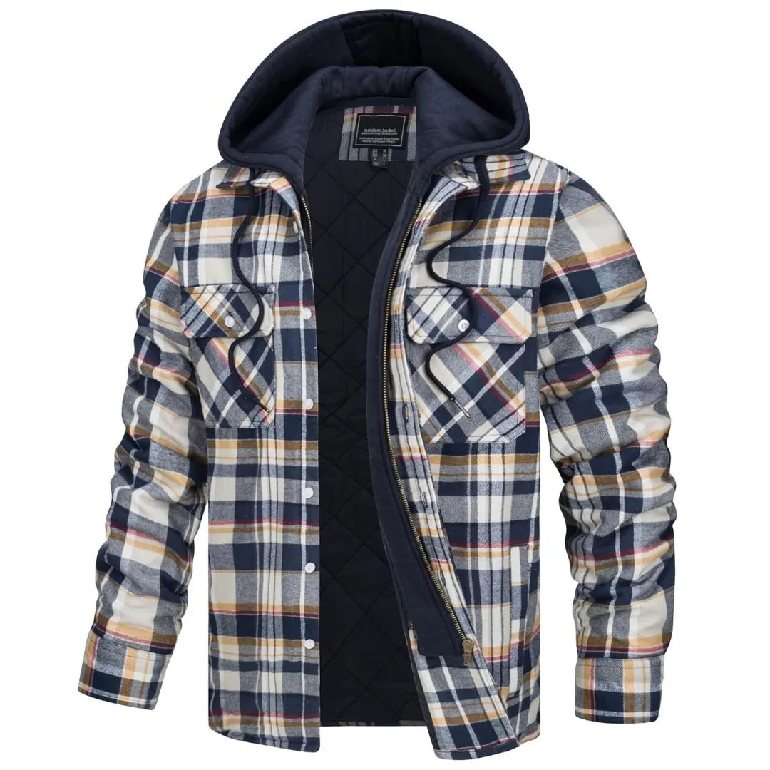 Men's Winter Thick Zip Plaid Flannel Shirts Detachable Hood Quilted