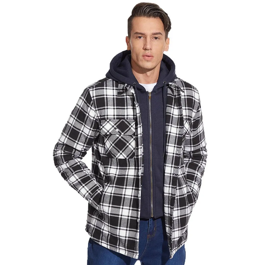 Men's Winter Thick Zip Plaid Flannel Shirts Detachable Hood Quilted