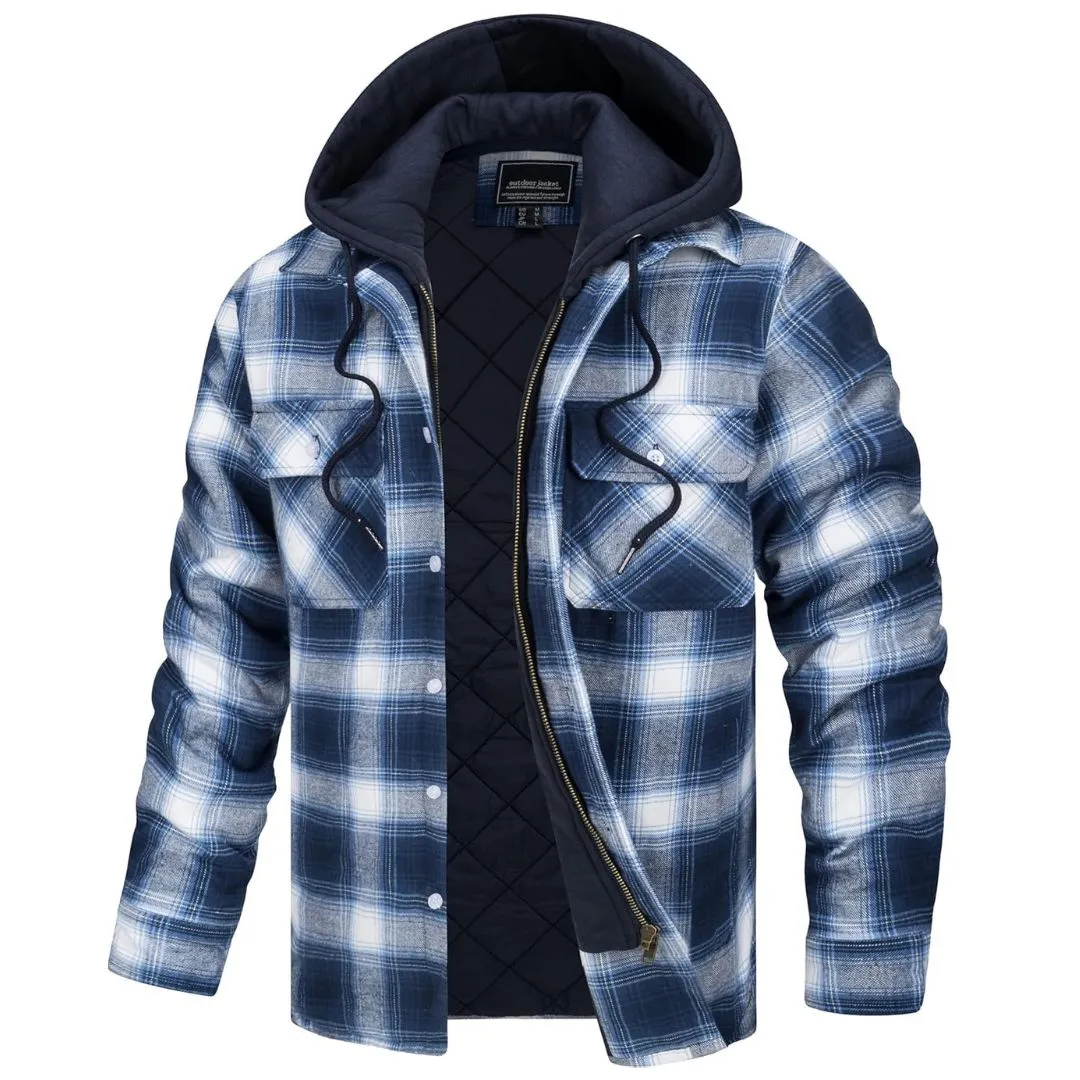 Men's Winter Thick Zip Plaid Flannel Shirts Detachable Hood Quilted