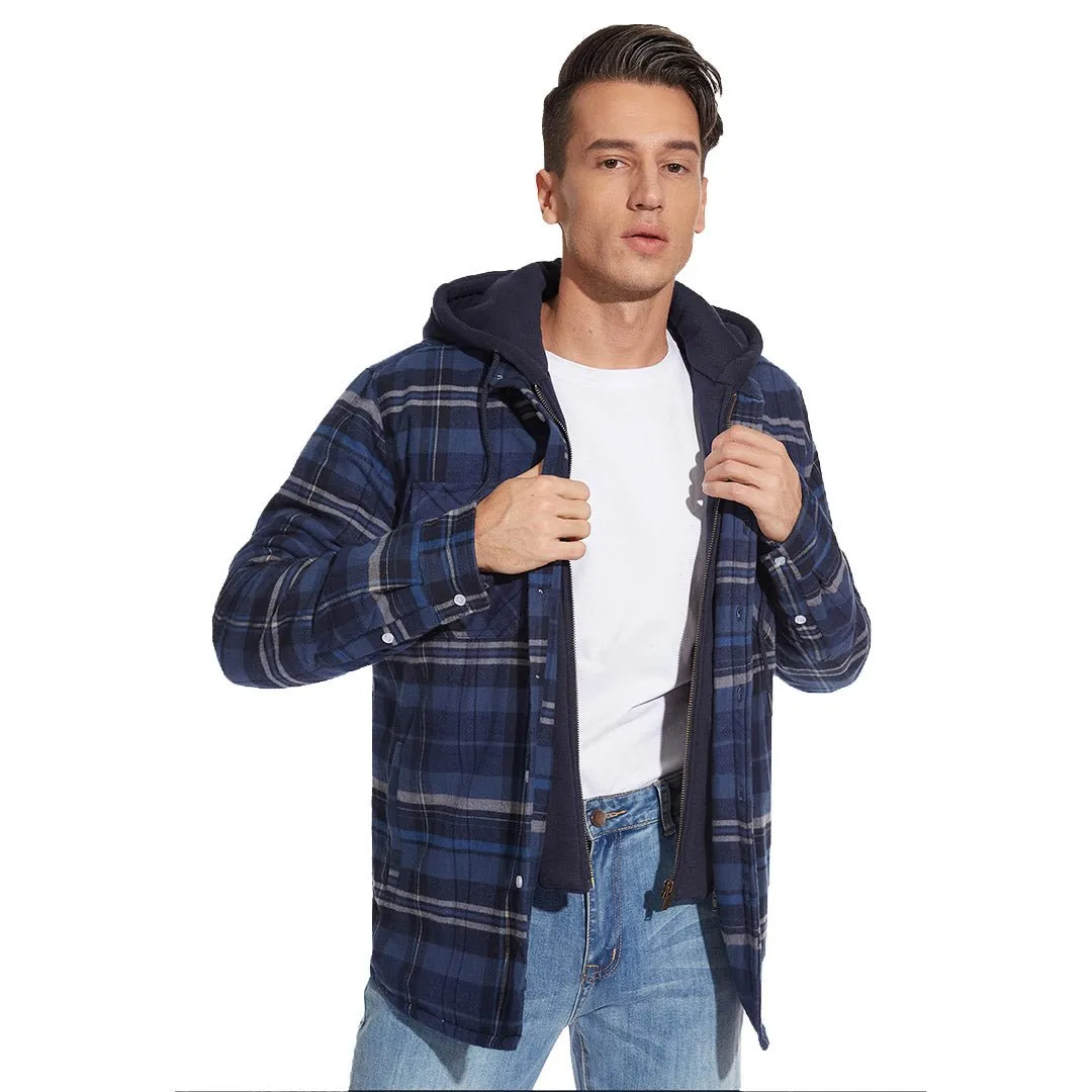 Men's Winter Thick Zip Plaid Flannel Shirts Detachable Hood Quilted