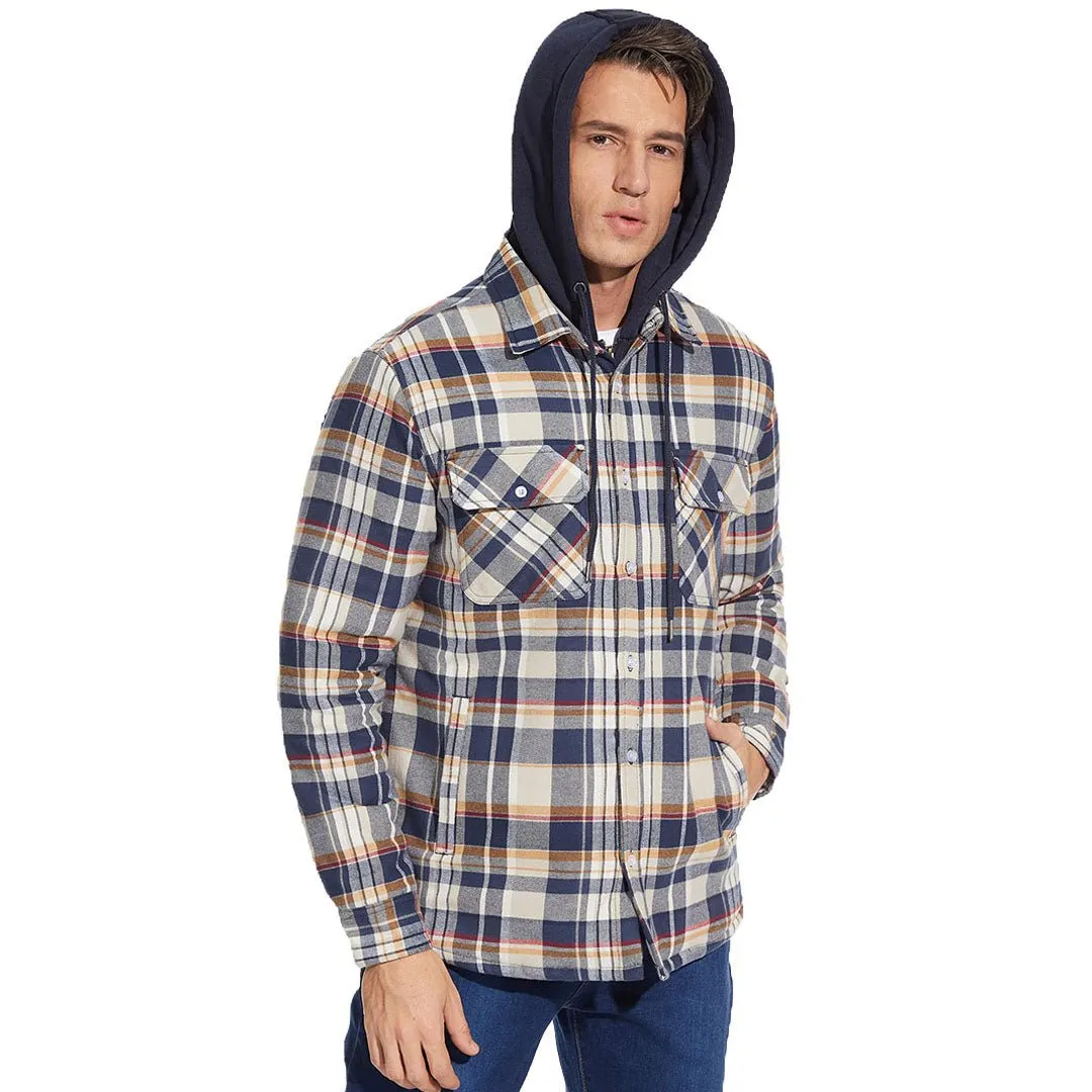 Men's Winter Thick Zip Plaid Flannel Shirts Detachable Hood Quilted