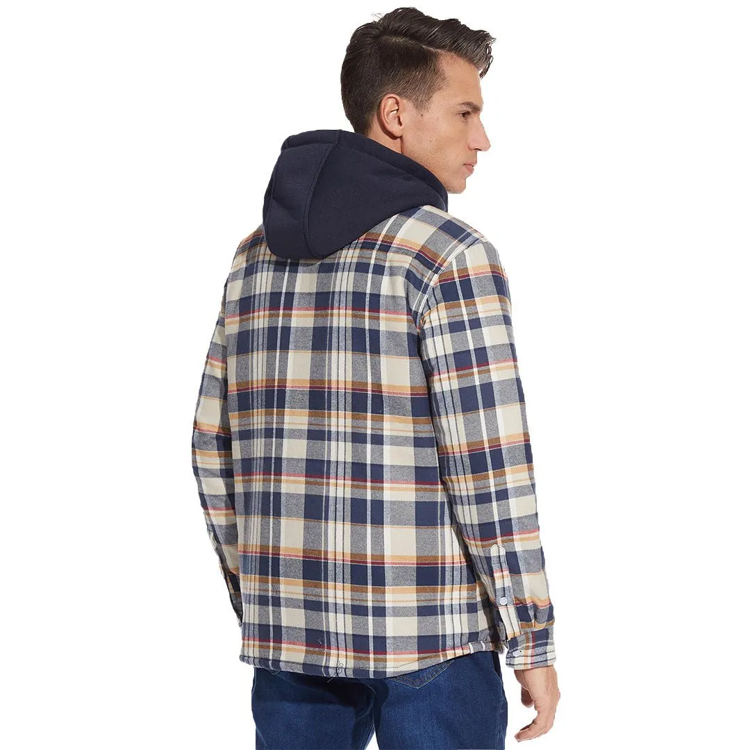 Men's Winter Thick Zip Plaid Flannel Shirts Detachable Hood Quilted