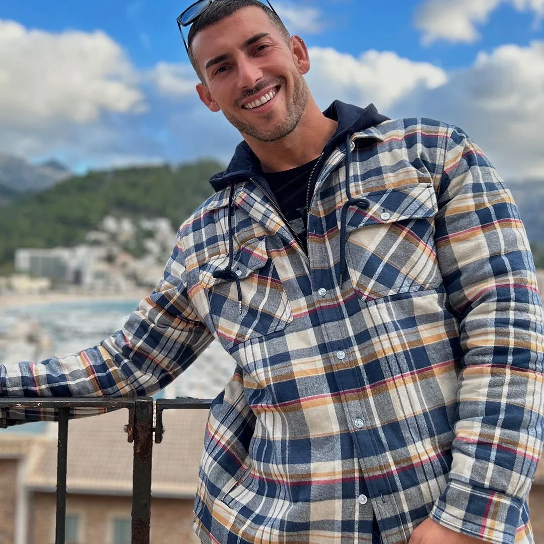 Men's Winter Thick Zip Plaid Flannel Shirts Detachable Hood Quilted