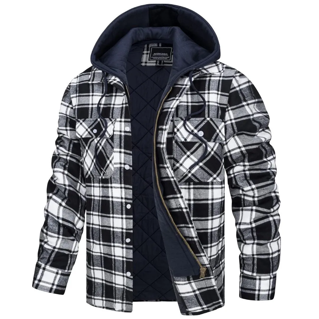 Men's Winter Thick Zip Plaid Flannel Shirts Detachable Hood Quilted