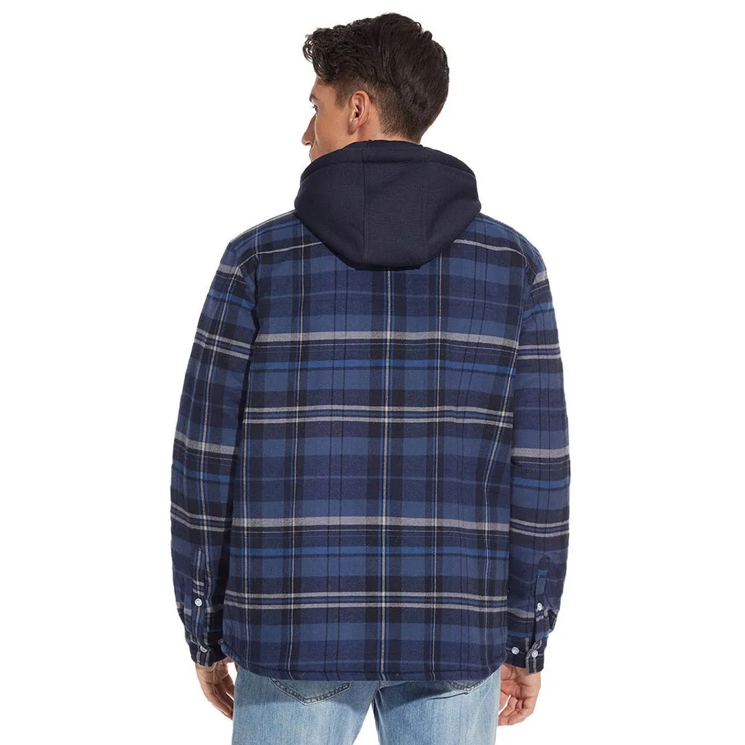 Men's Winter Thick Zip Plaid Flannel Shirts Detachable Hood Quilted