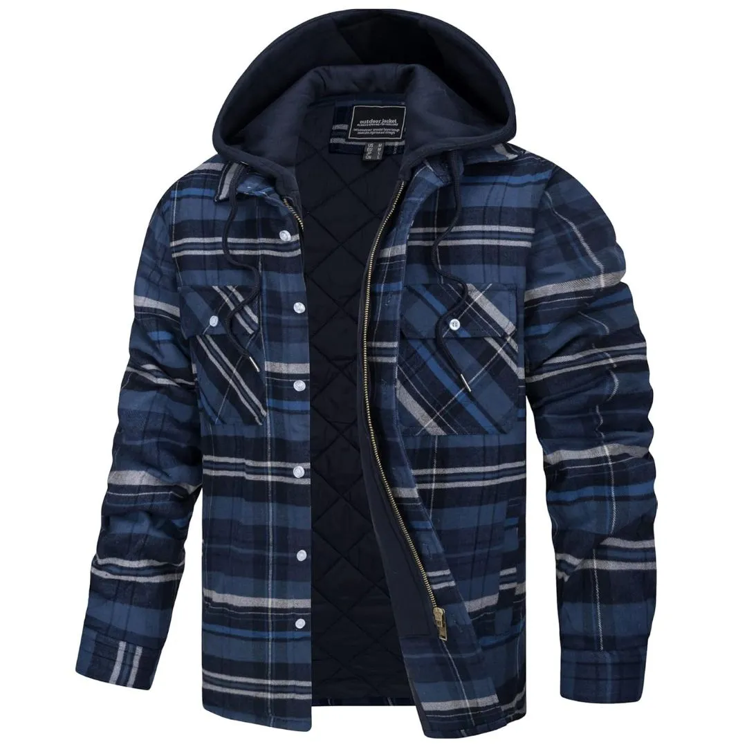 Men's Winter Thick Zip Plaid Flannel Shirts Detachable Hood Quilted