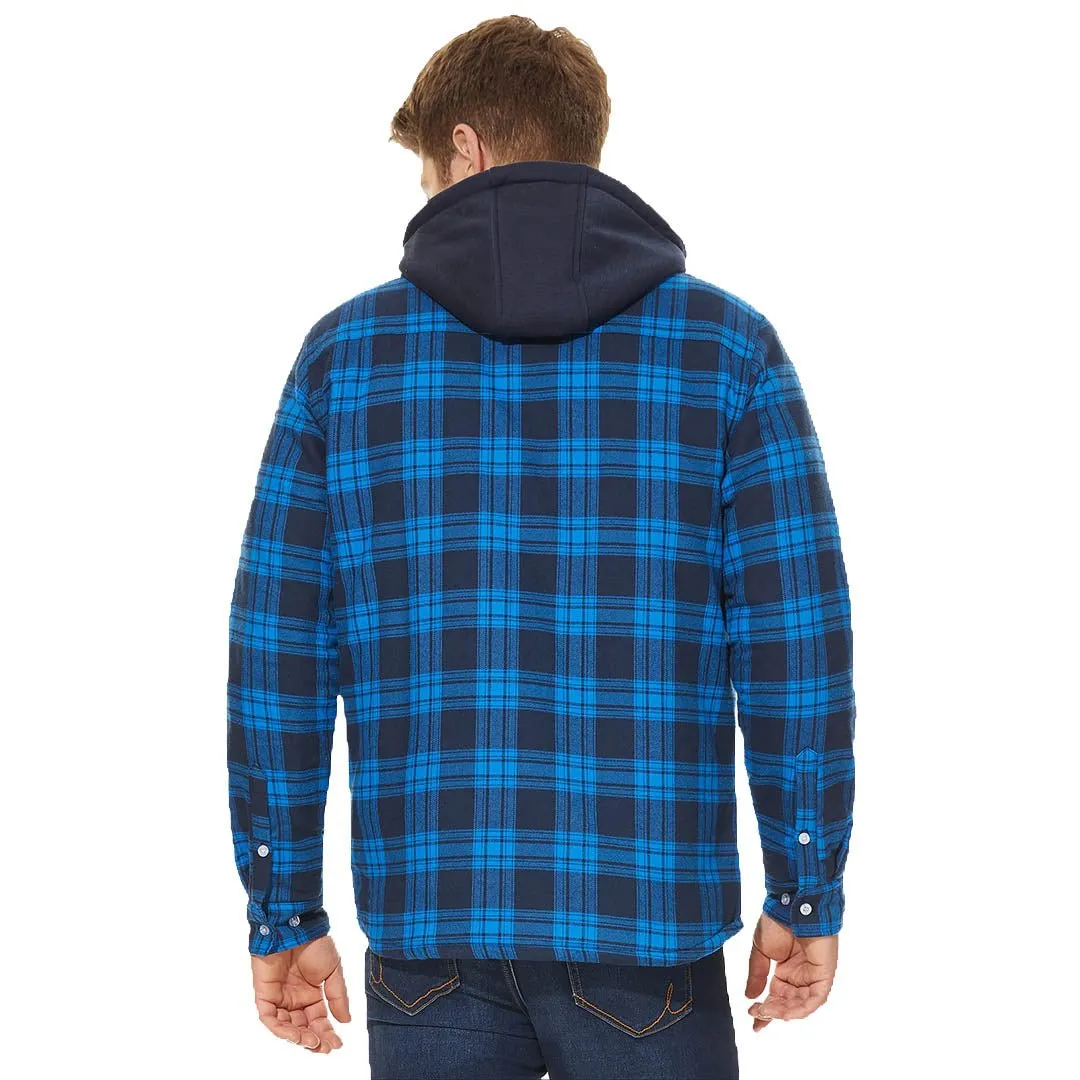 Men's Winter Thick Zip Plaid Flannel Shirts Detachable Hood Quilted